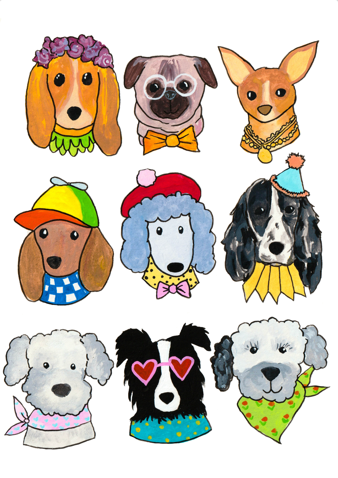 Carte avec le dessin de plusieurs chiens mignons