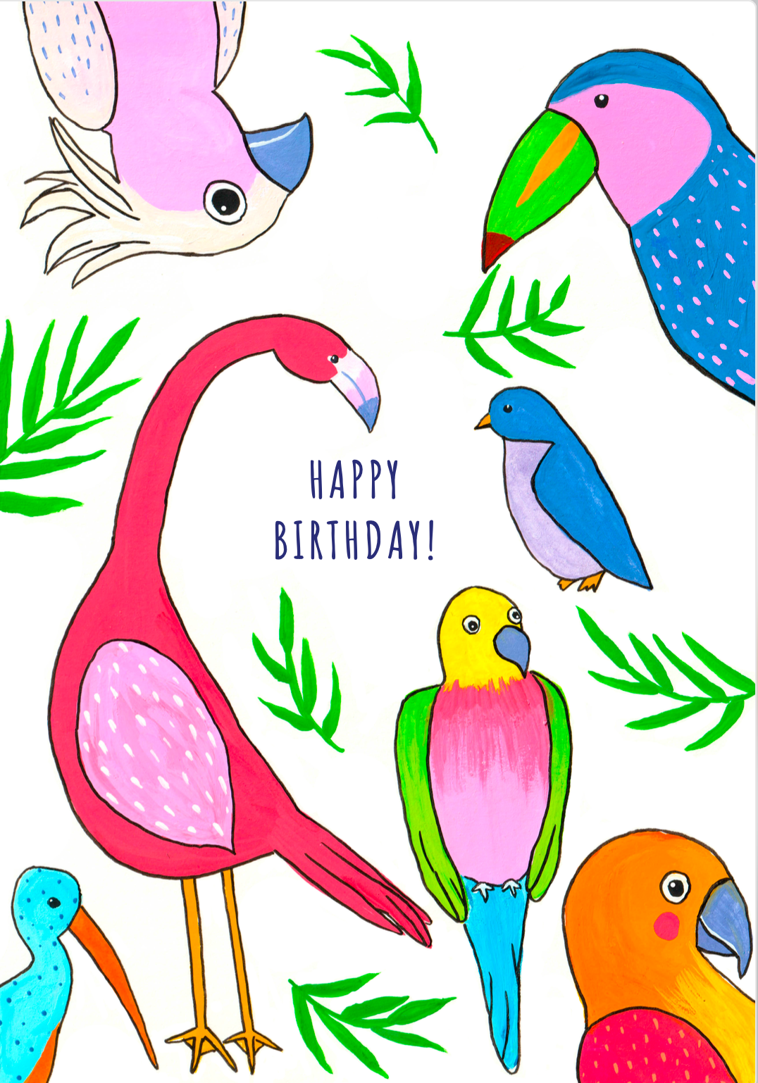 Carte happy birthday avec dessins d'oiseaux colorés, perroquets multicolores