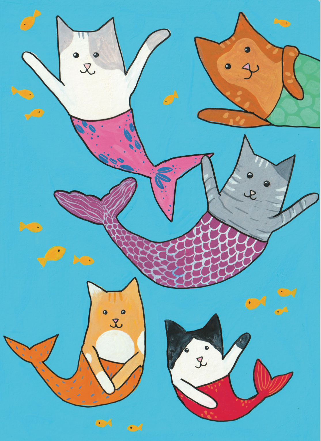 Carte bleue avec dessin de chats poissons