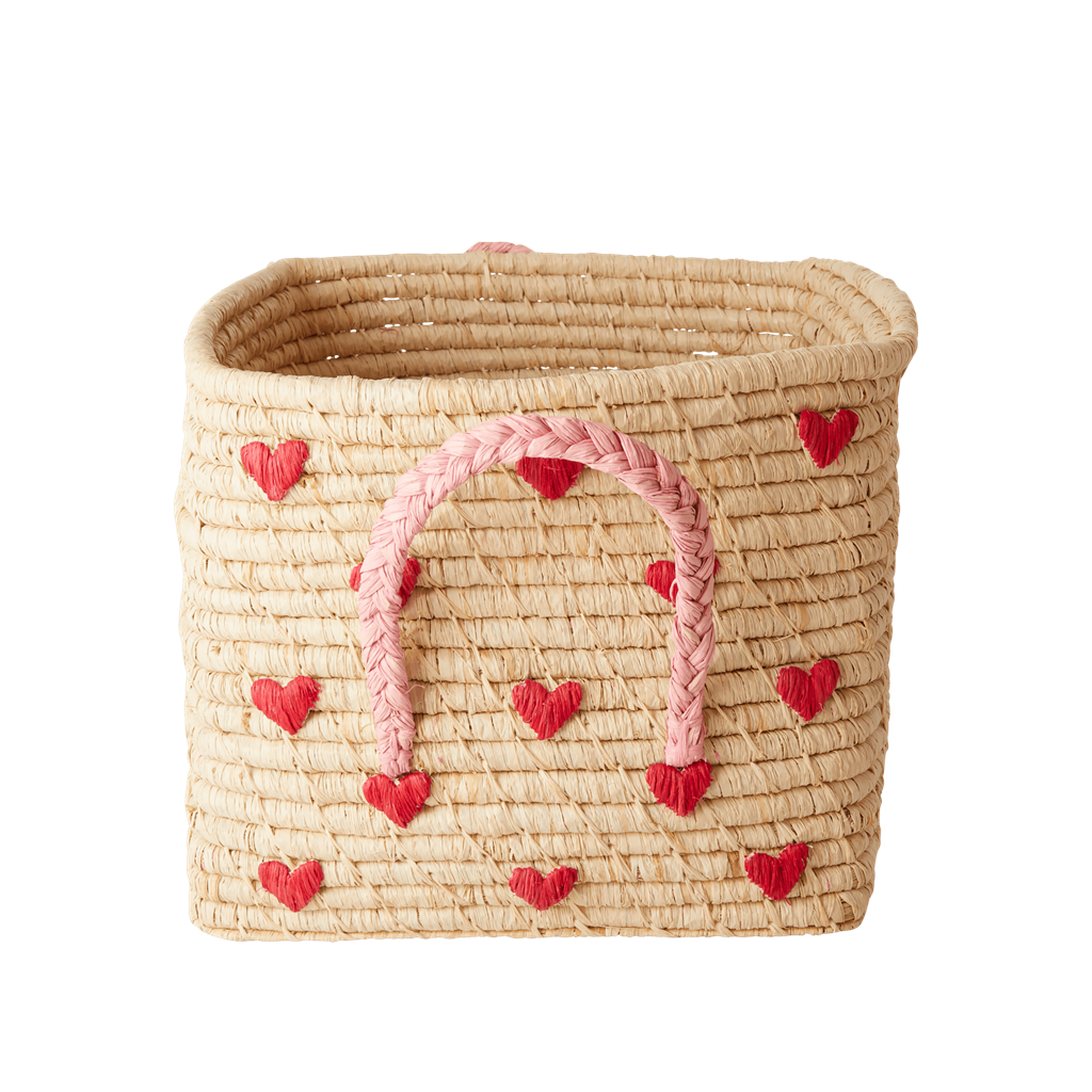 Panier carré en raphia avec cœurs - Raffia Square Basket with Hearts - Rice