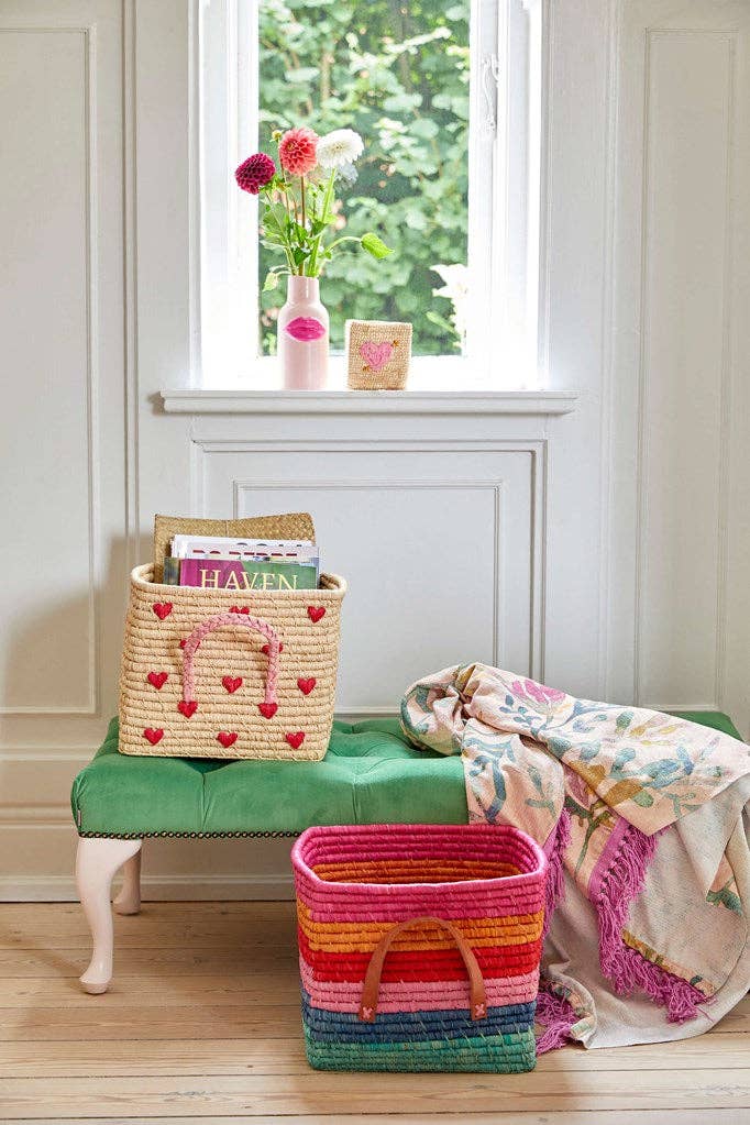 Panier carré en raphia avec cœurs - Raffia Square Basket with Hearts - Rice