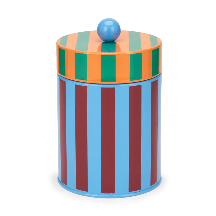 boite de rangement dusendusen vintage rayée orange bleu rouge et vert sur fond blanc