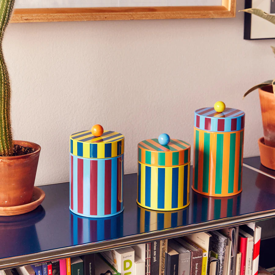 3 boite rayées vintage de tailles différentes posées sur une commode noire avec un cactus et des livres