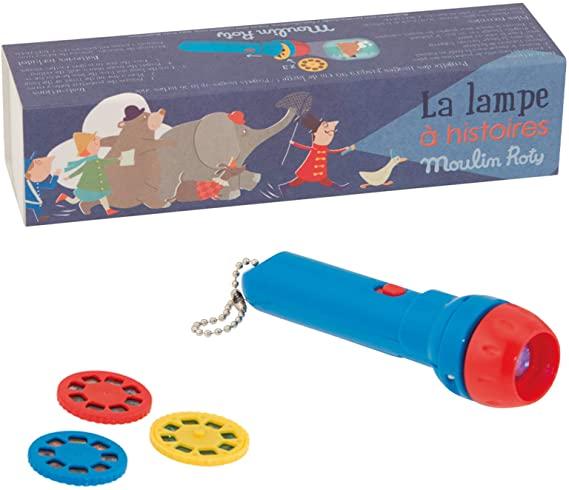 lampe torche rouge et bleu avec recharges d'histoires du soir moulin roty bleu, rouge et jaune