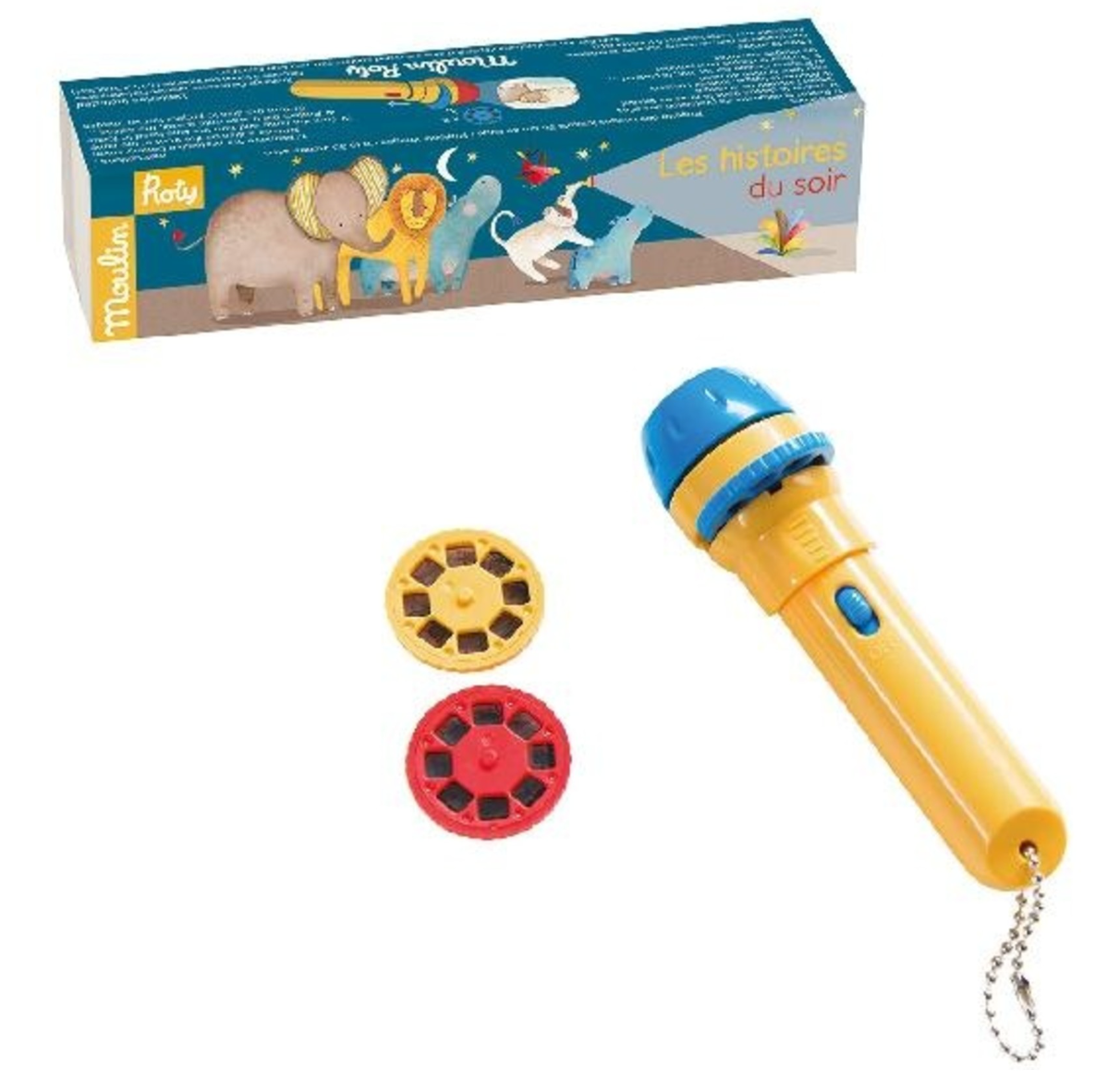 lampe torche jaune et bleu avec deux recharges d'histoires du soir moulin roty jaune et rouge