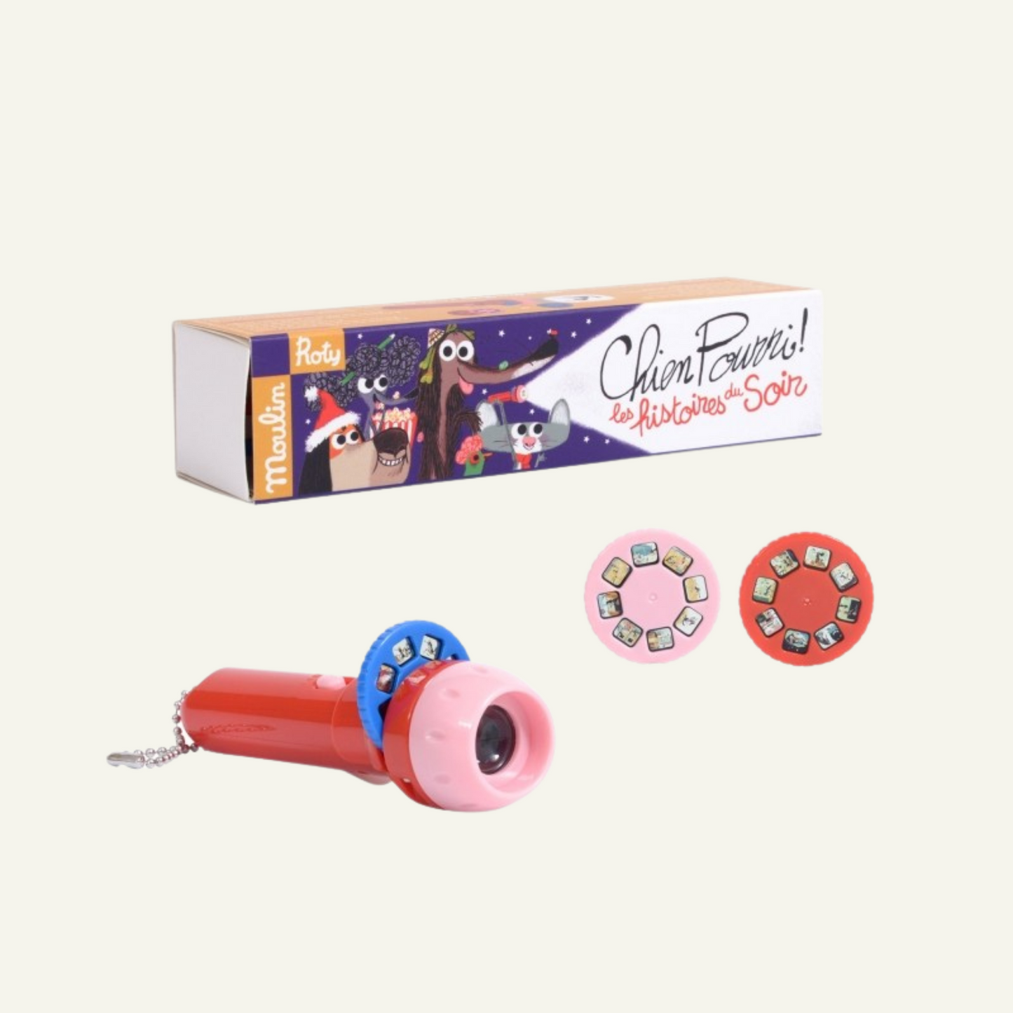 lampe torche rouge et rose pour enfant avec trois recharges d'histoires du soir moulin roty bleu, rouge et rose