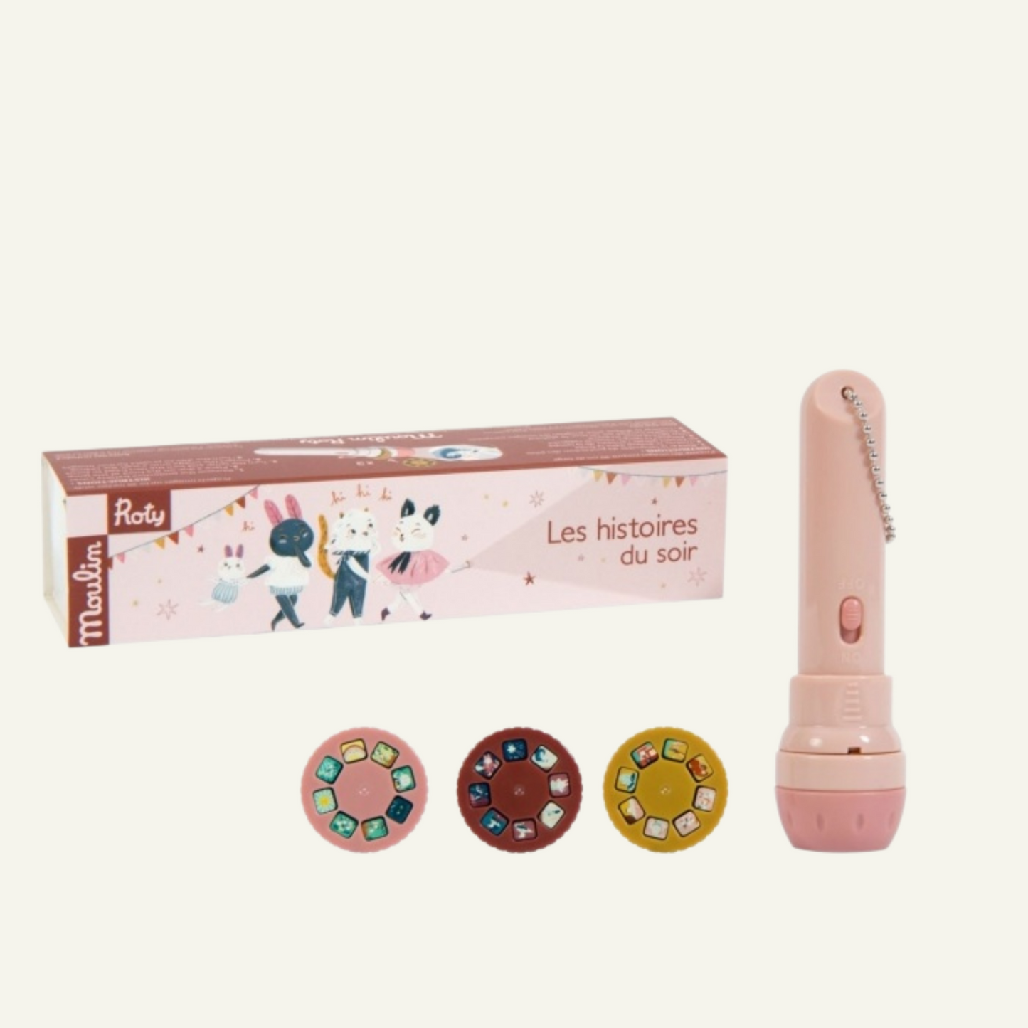 lampe torche rose pour enfant avec trois recharges d'histoires du soir moulin roty brun, beige et rose