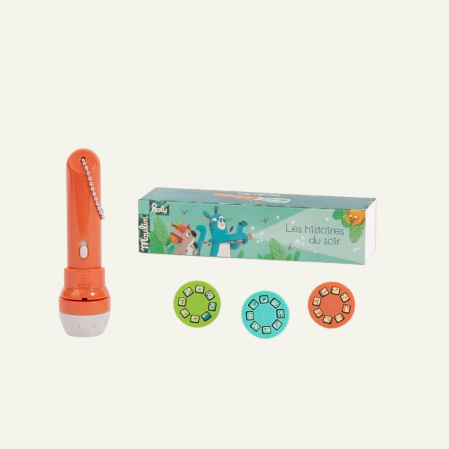 lampe torche orange et gris pour enfant avec trois recharges d'histoires du soir moulin roty orange, vert et bleu