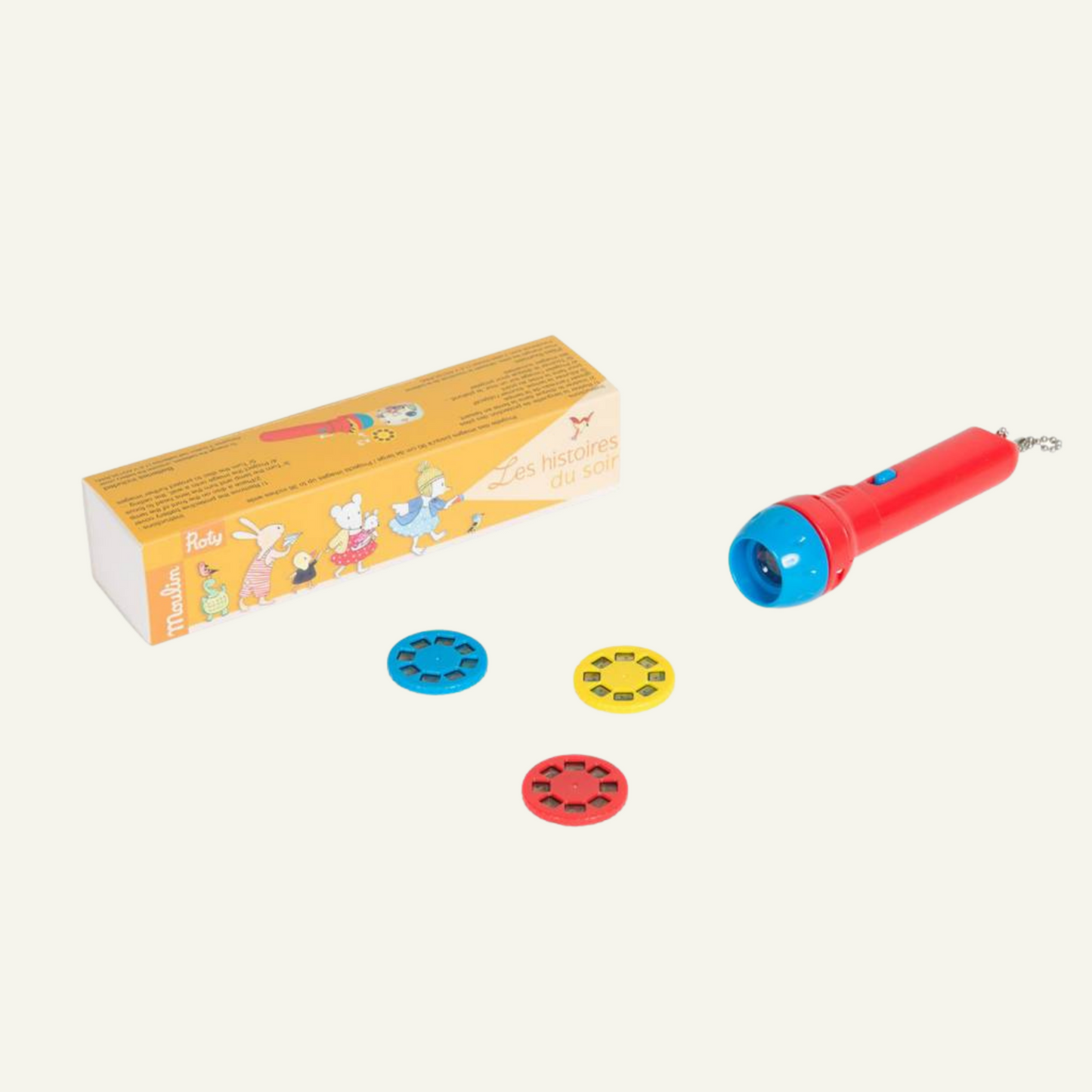 lampe torche rouge et bleu pour enfant avec trois recharges d'histoires du soir moulin roty bleu, rouge et jaune