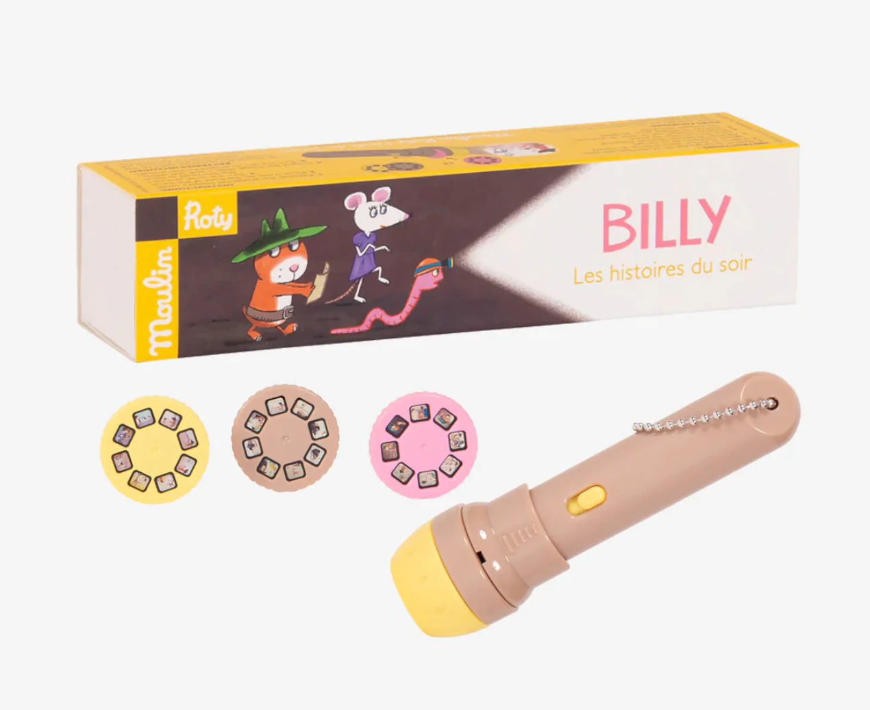 lampe torche beige et jaune avec trois recharges d'histoires du soir moulin roty jaune, beige et rose