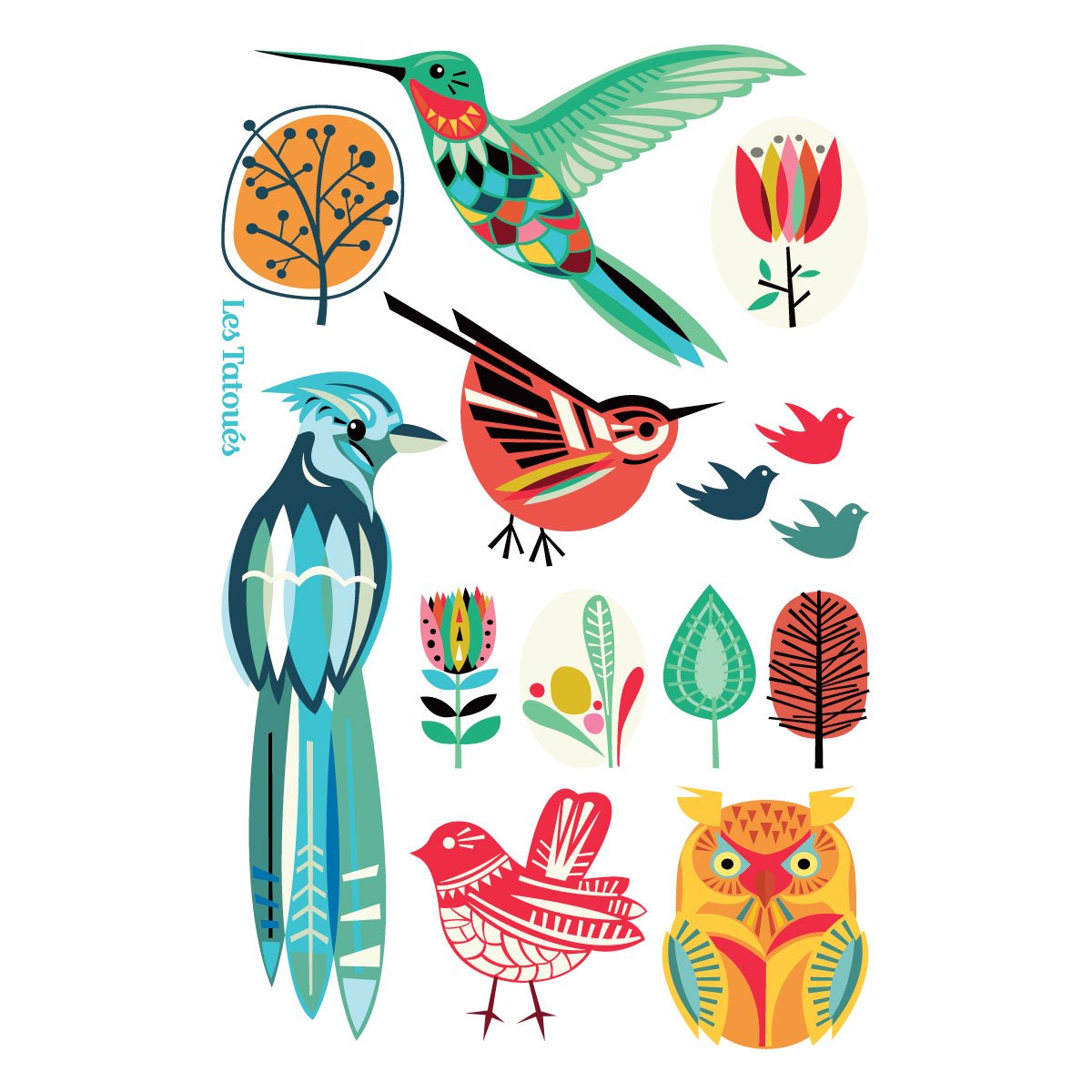 dessins de tatouages temporaires oiseaux colorés avec long bec, hiboux et fleurs
