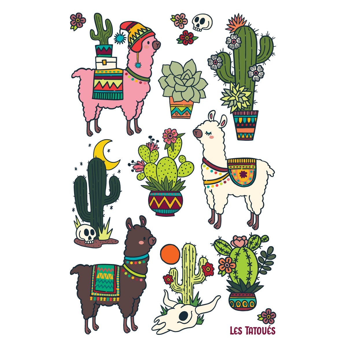 dessins de tatouages temporaires avec lamas, cactus, crâne de vache