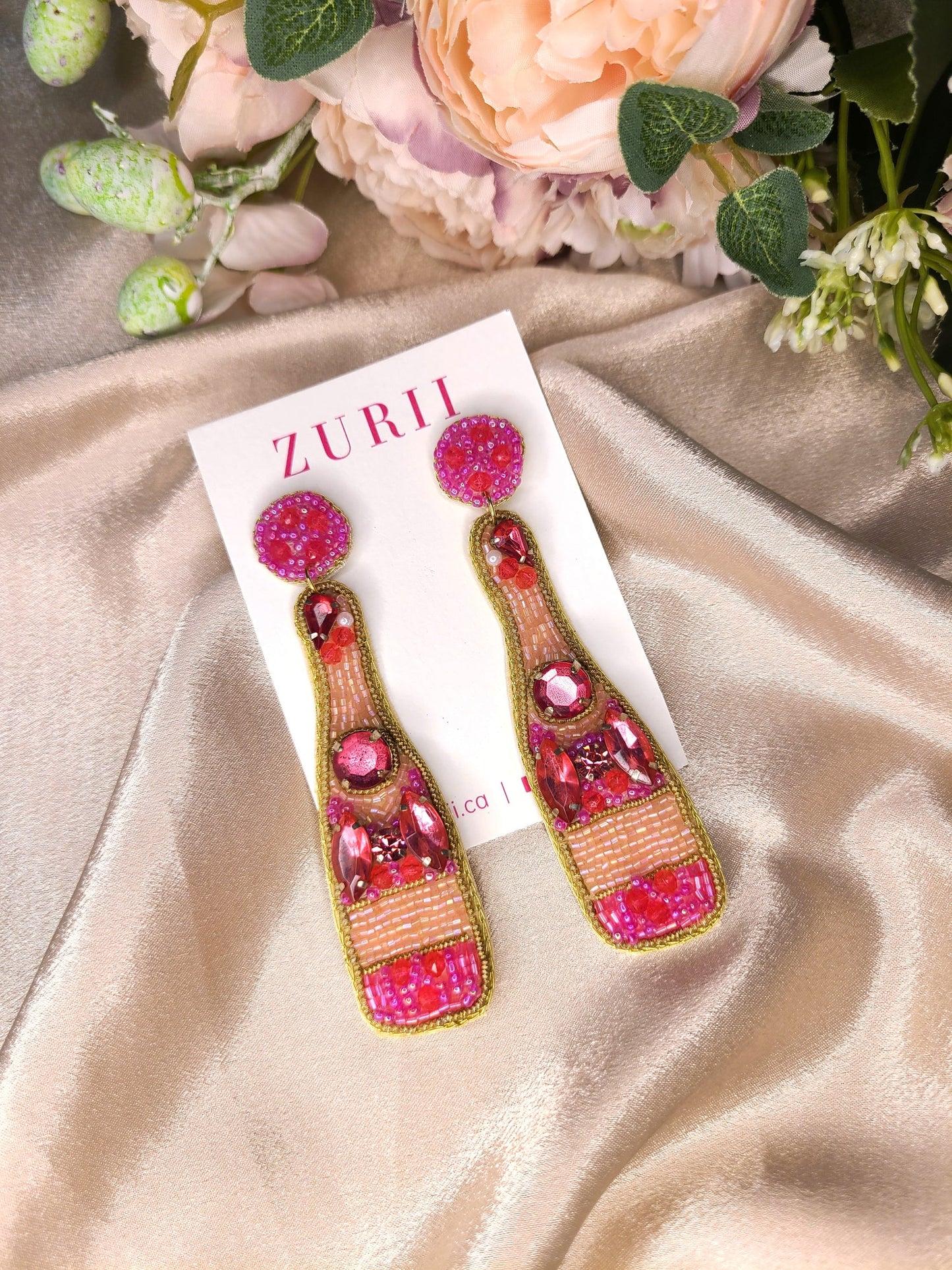 Boucles d'oreilles brodées Emma rosé Vin - Zurii