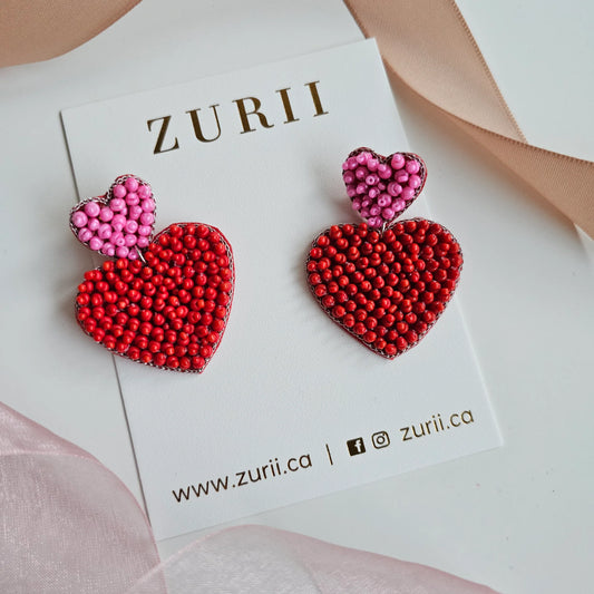 Boucles d'oreilles brodées Coeur Rouge et Rose - Zurii