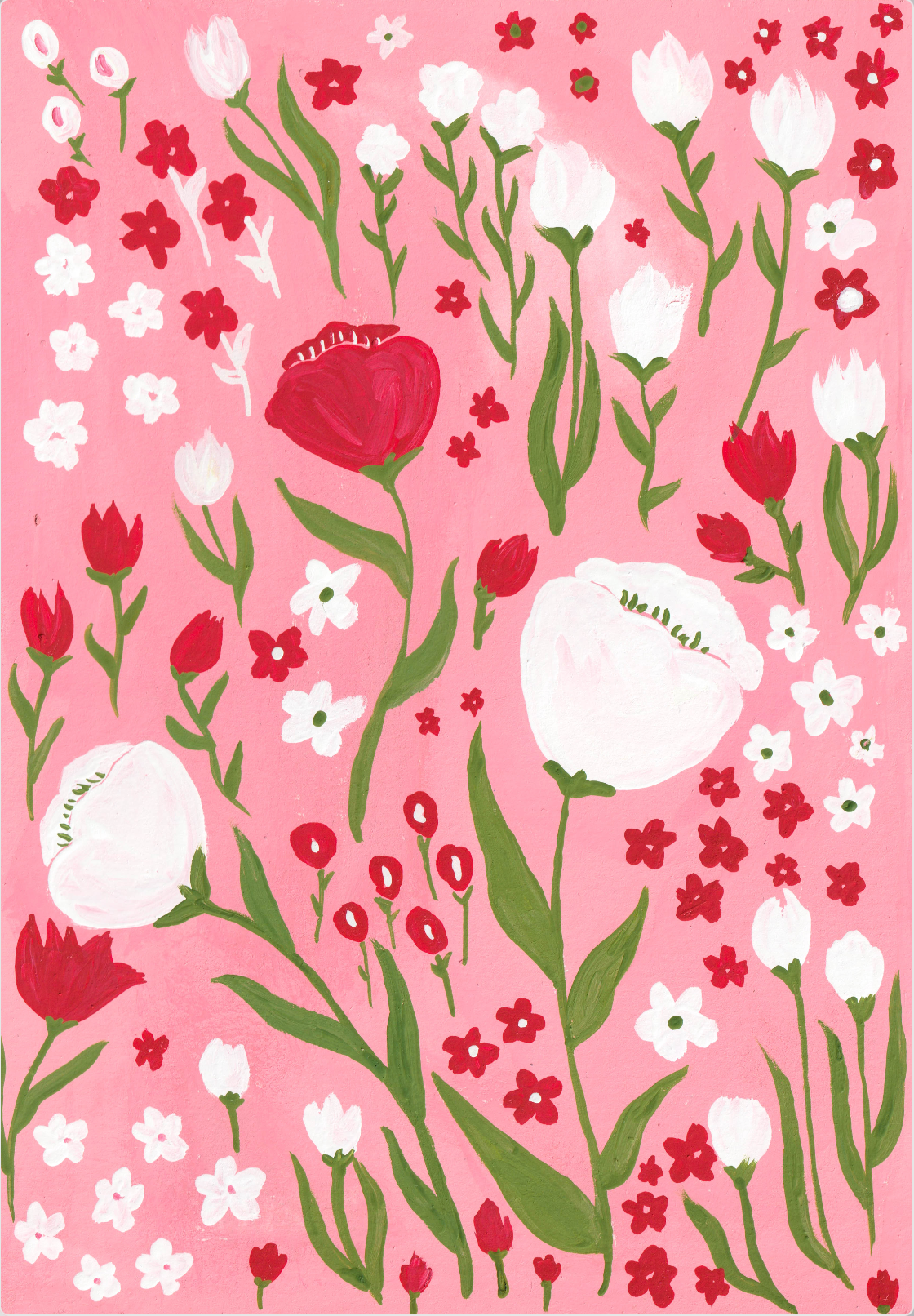 Carte fond rose avec dessin de coquelicot rouge et blanc