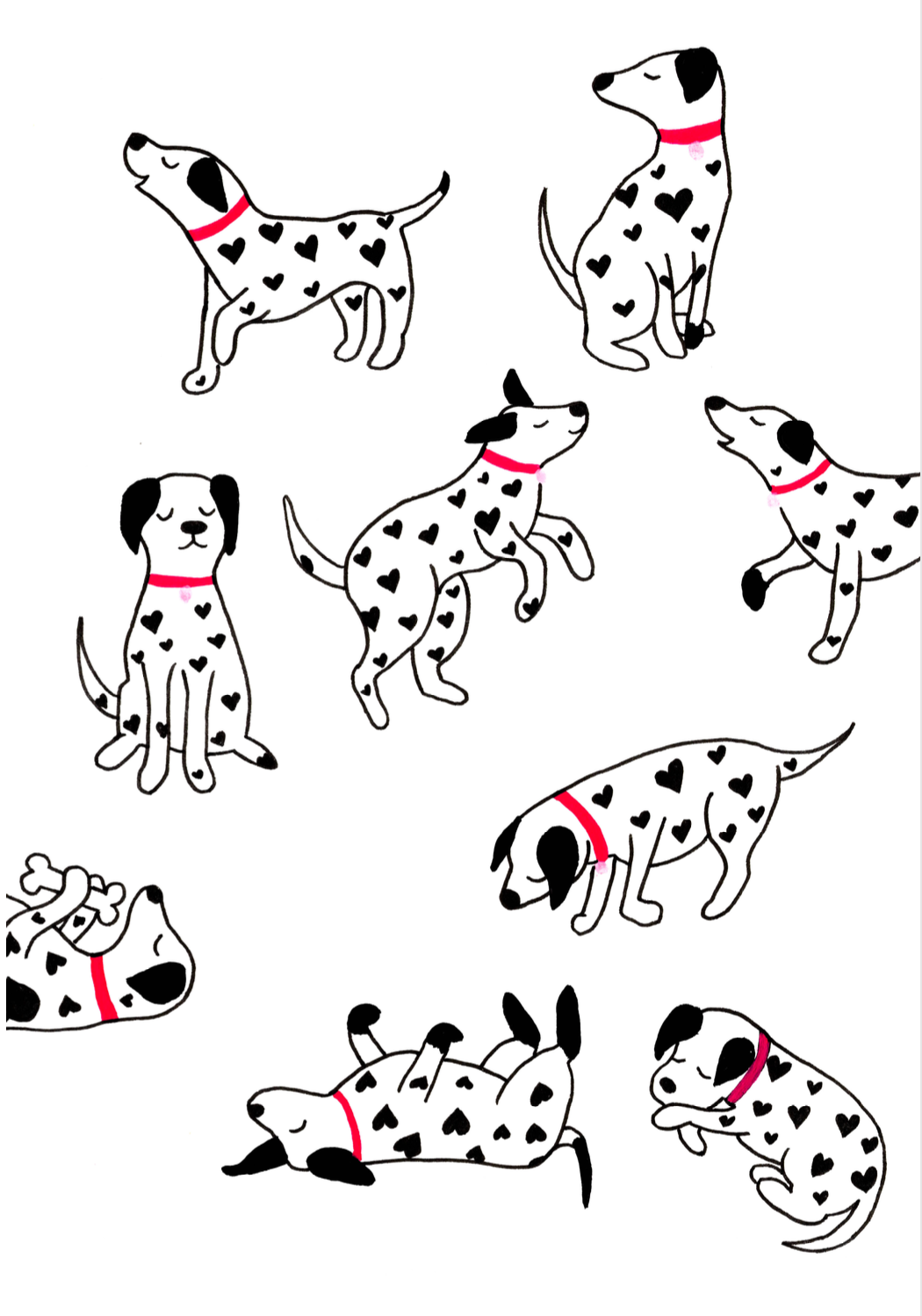 dessin de chiens dalmaciens avec des taches en forme de coeurs et colliers rouges