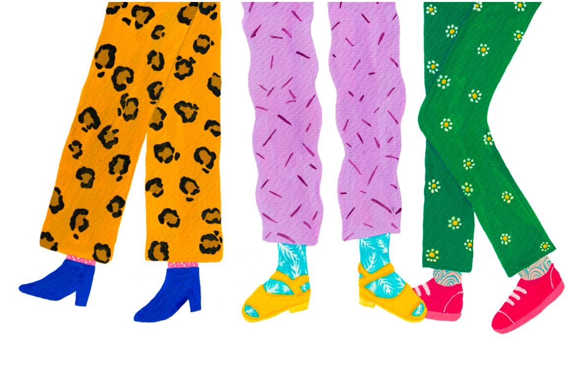 carte dessinée avec des jambes de trois personnes différentes. Un pantalon léopard avec chaussures bleu électriques, pantalon rose avec chaussures jaunes et pantalon vert avec fleurs et chaussure rouge