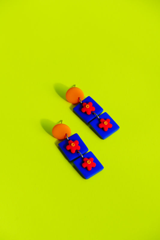 Boucles Carré bleu & fleurs D21 - Collection Cléo - Crocodile agile