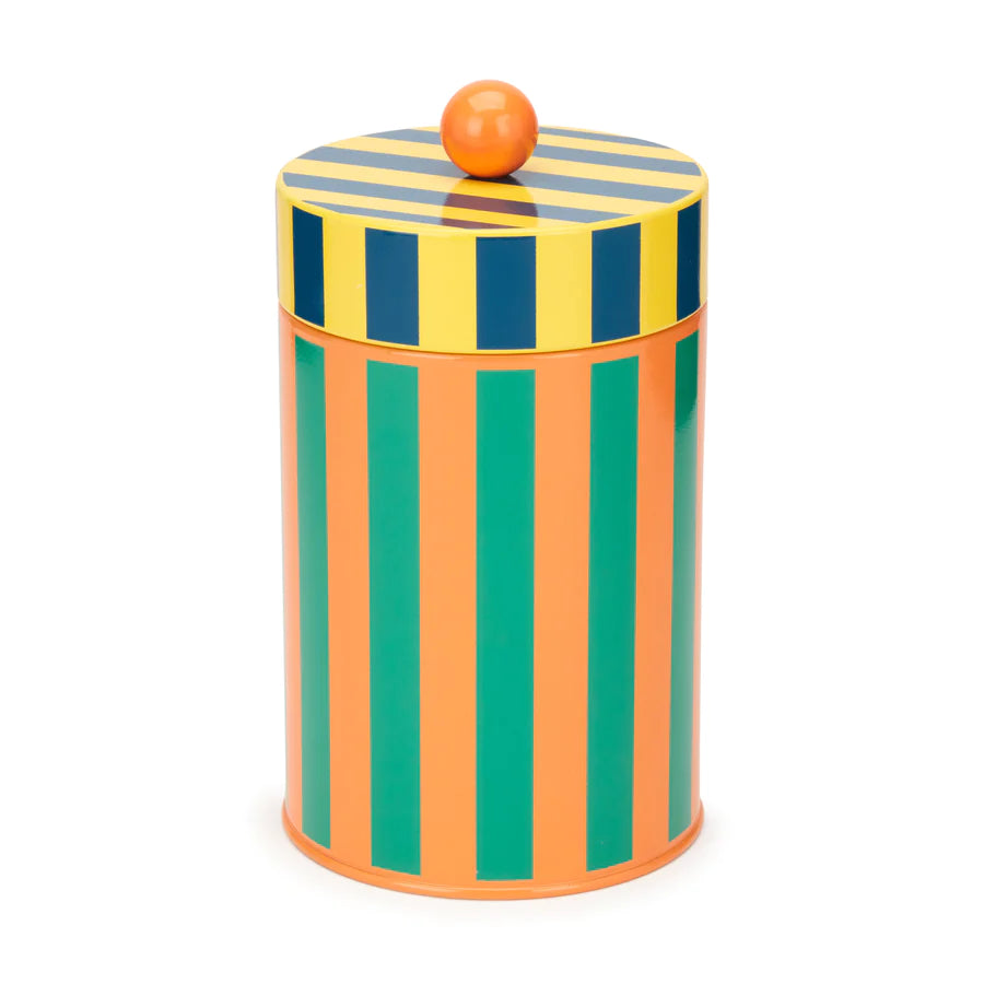 boite de rangement dusendusen vintage rayée jaune bleu orange et vertsur fond blanc