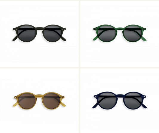 quatre paires de lunettes de soleil ronde Izipizi noir, vert, bleu foncé et jaune