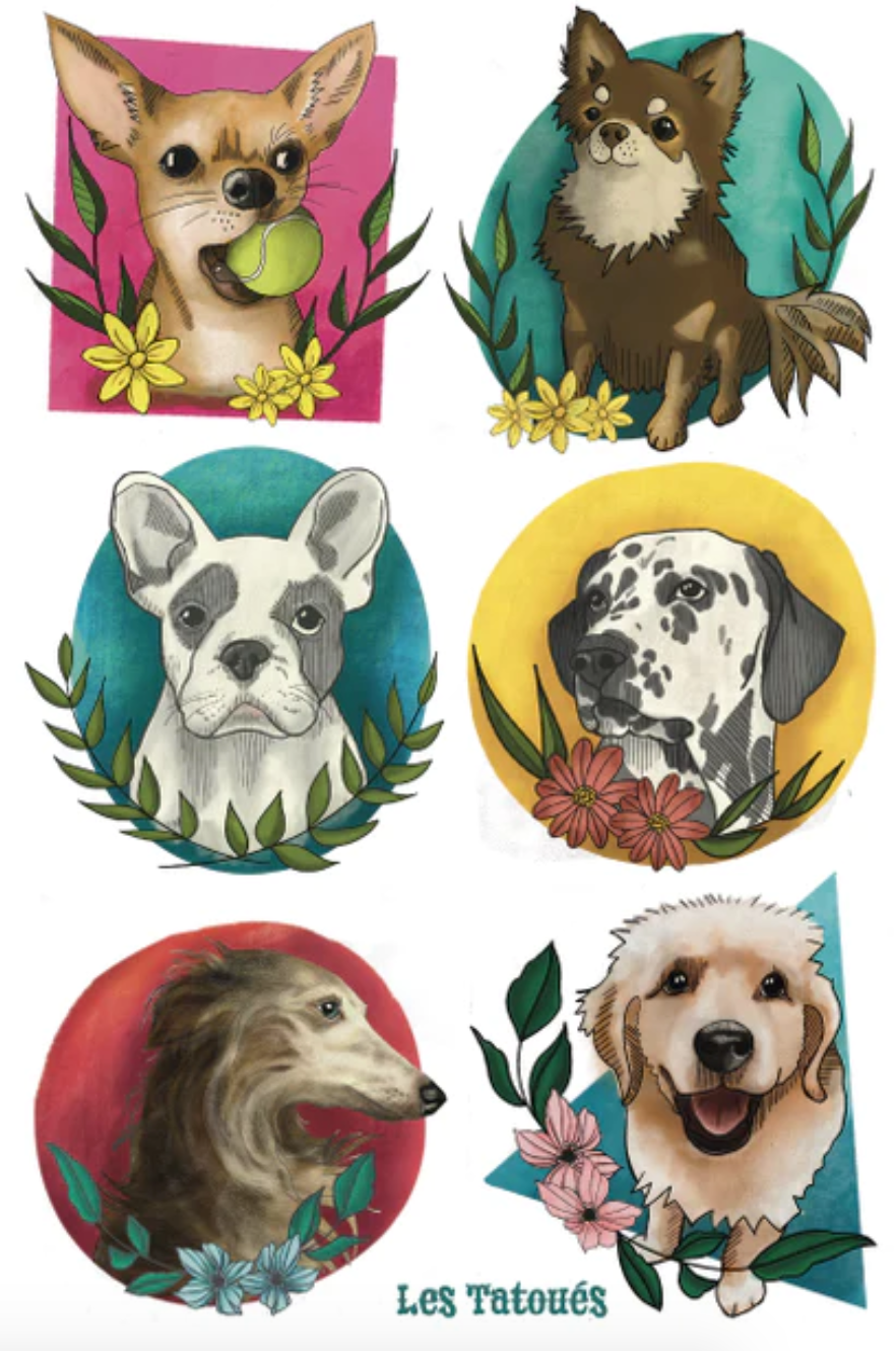 tatouages temporaires dessins de chiens avec des plante et fleurs (chiwawa, boule dog, dalmacien)