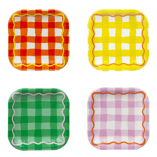Assiettes en carton carrées multicolores - Paquet de 12