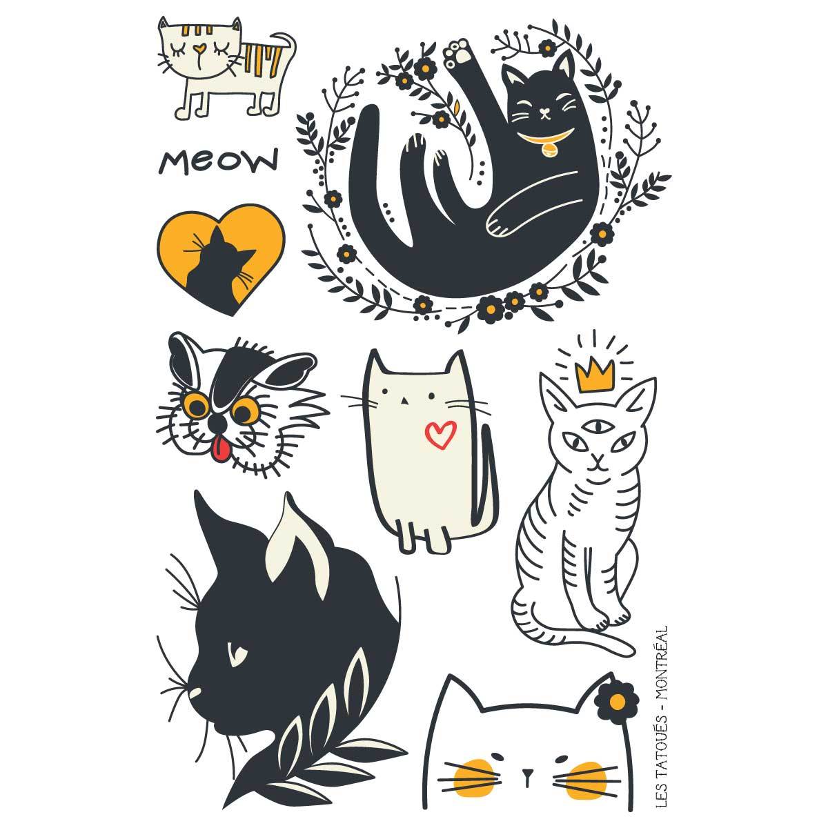 dessins de tatouages temporaires thème chats. Chat noir avec des fleurs, chat blanc avec couronne