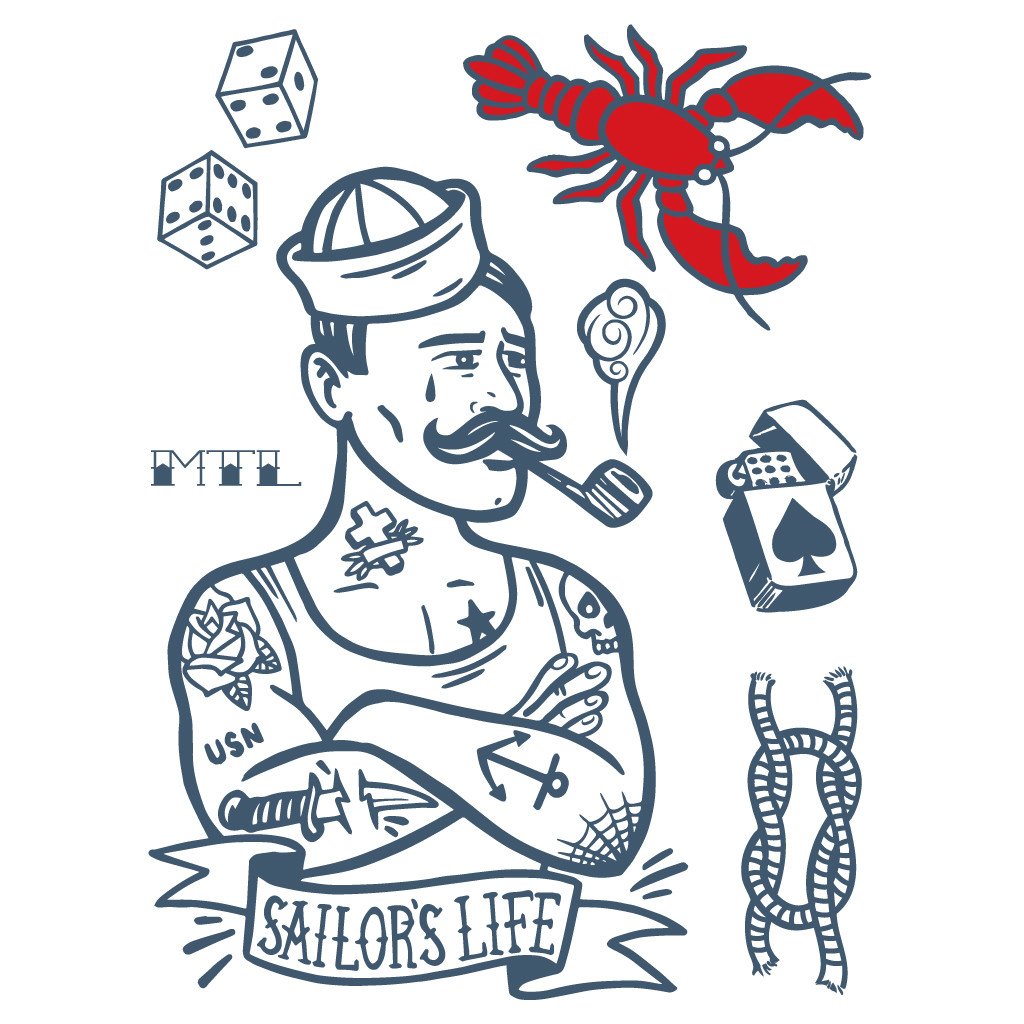dessins de tatouages temporaires popey ou marin tatoué avec une pipe en bouche